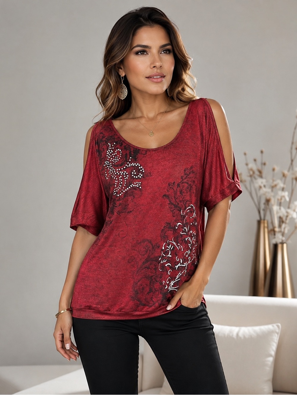 Jeans by Buffalo Burgundy Satin Cold Shoulder Embellished Top Size M